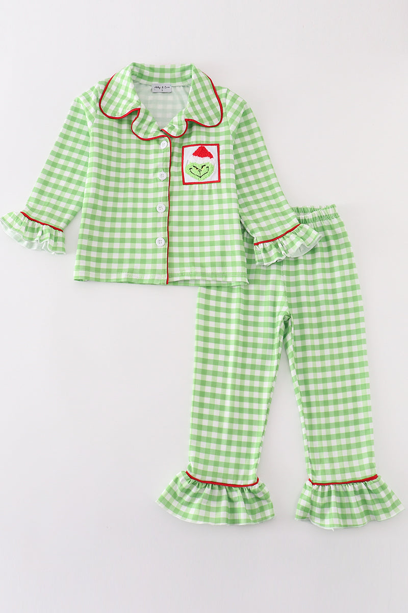 Green christmas grinch french knot ruffle pajamas set