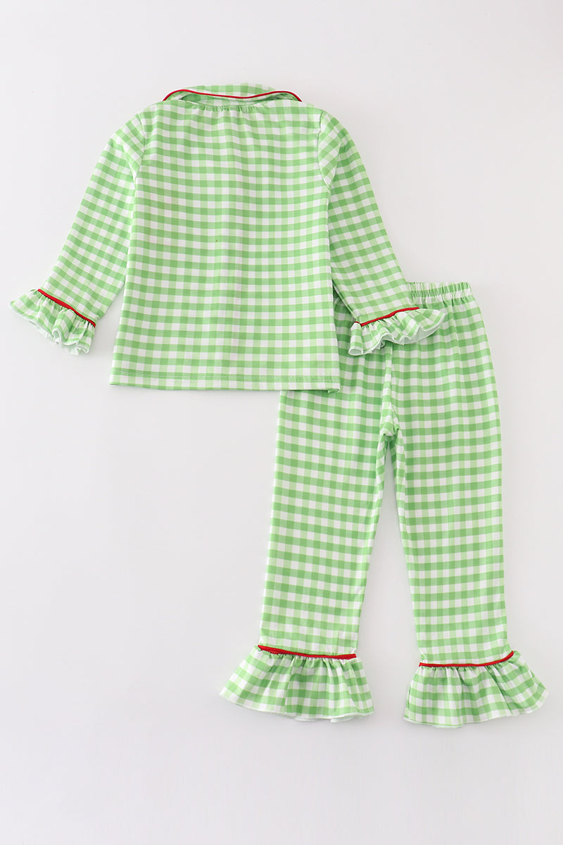 Green christmas grinch french knot ruffle pajamas set