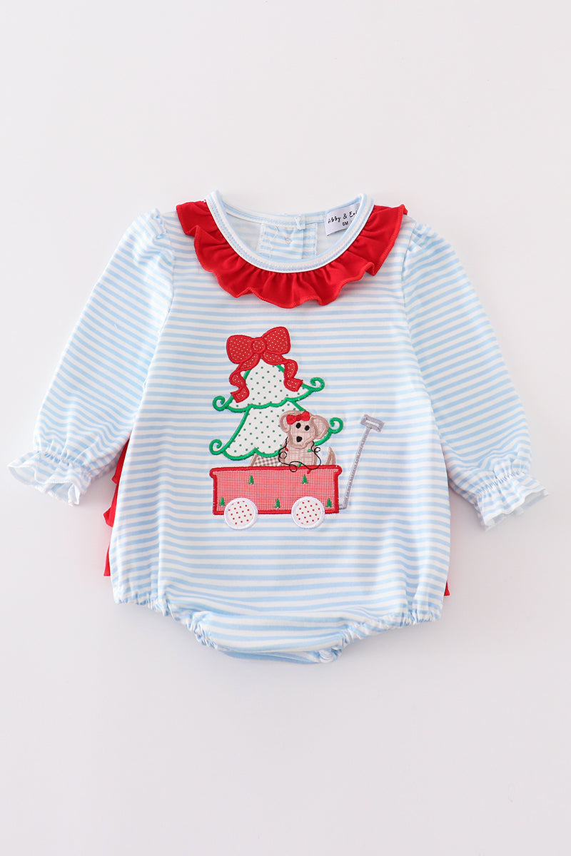 Blue stripe chrismtas puppy applique girl bubble