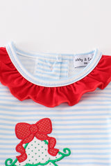 Blue stripe chrismtas puppy applique girl bubble