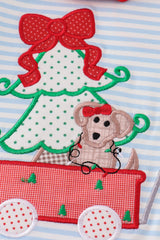 Blue stripe chrismtas puppy applique girl bubble