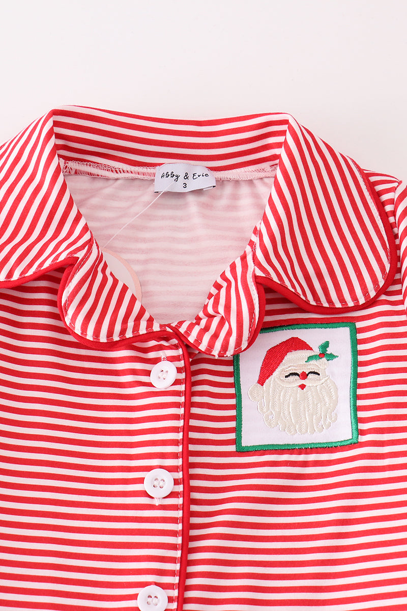 Red stripe christmas santa claus embroidery girl pajamas set