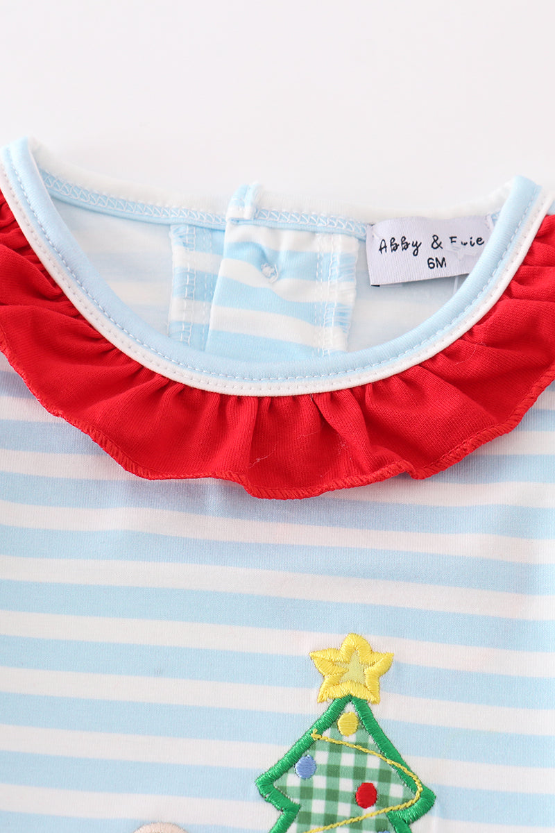 Blue stripe christmas tree puppy applique boy romper