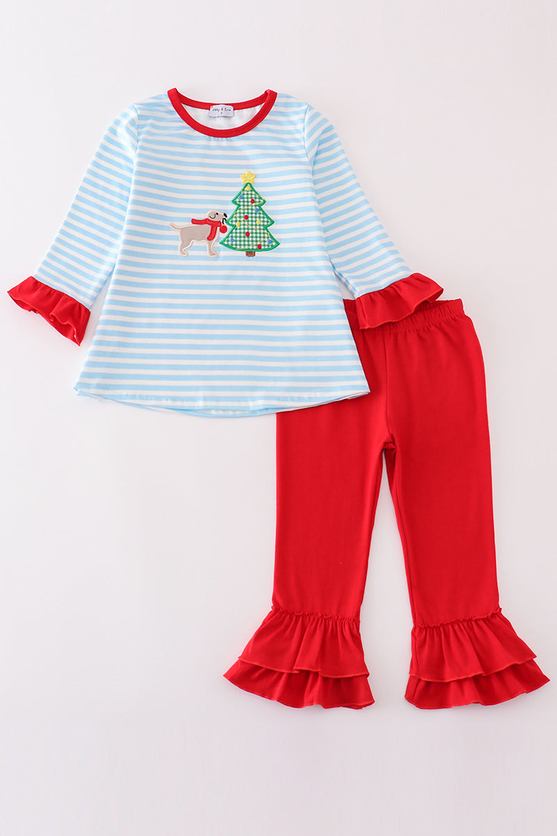 Blue stripe christmas tree puppy applique girl set