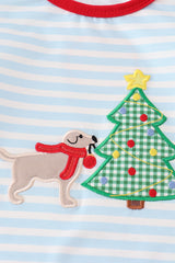 Blue stripe christmas tree puppy applique girl set