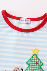 Blue stripe christmas tree puppy applique girl set