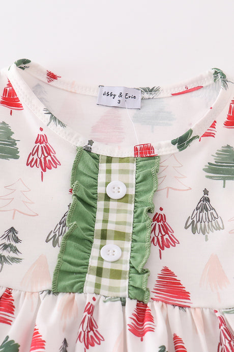 Green christmas tree print girl ruffle set