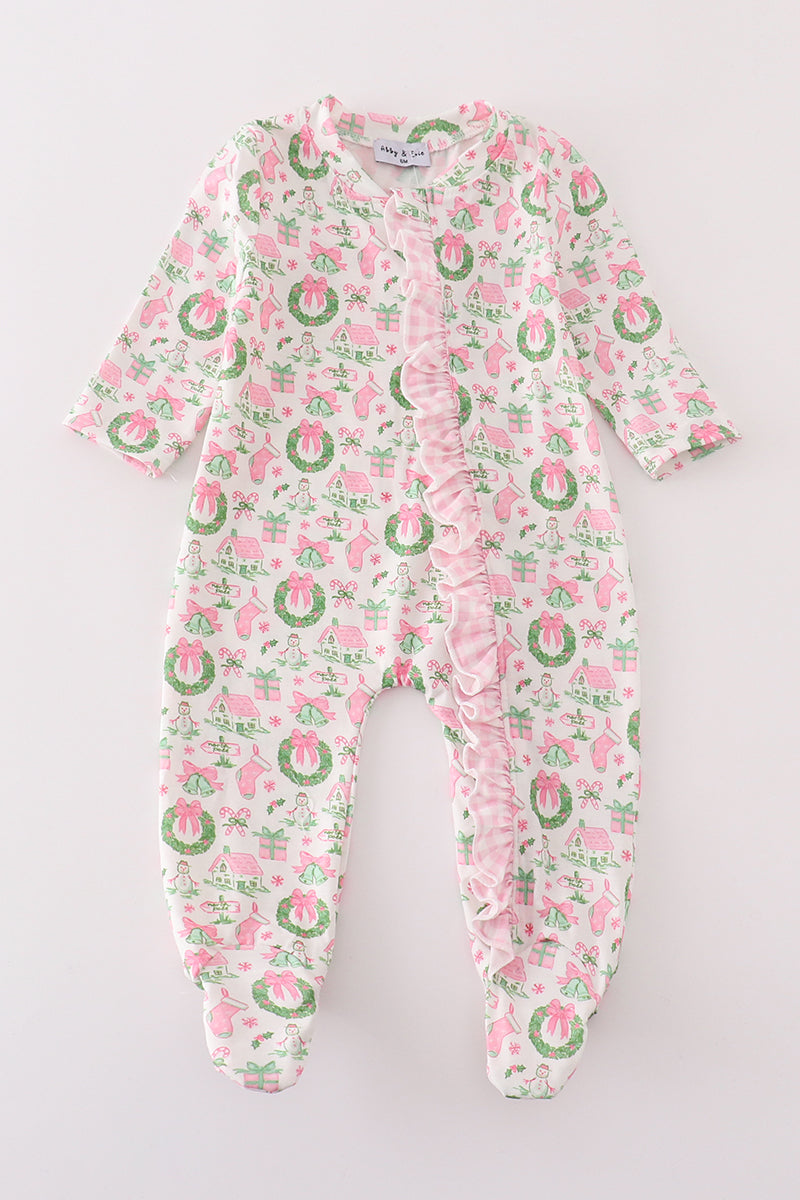 Pink watercolor christmas print ruffle zip girl romper