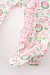 Pink watercolor christmas print ruffle zip girl romper