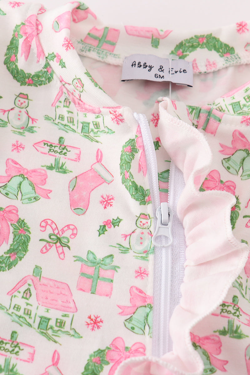 Pink watercolor christmas print ruffle zip girl romper