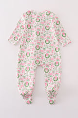 Pink watercolor christmas print ruffle zip girl romper