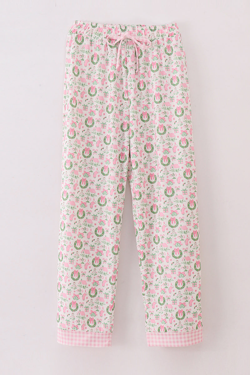 Pink watercolor christmas print women pajamas pants