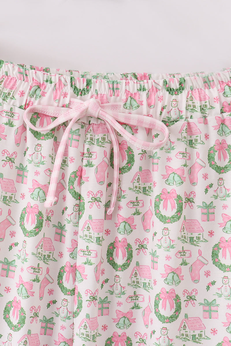 Pink watercolor christmas print women pajamas pants