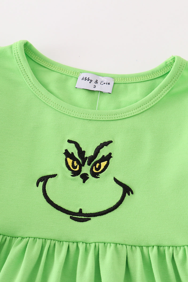 Green grinch embroidery girl dress