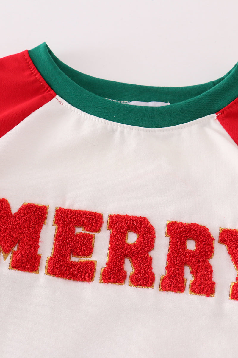 Red merry christmas french knot boy top