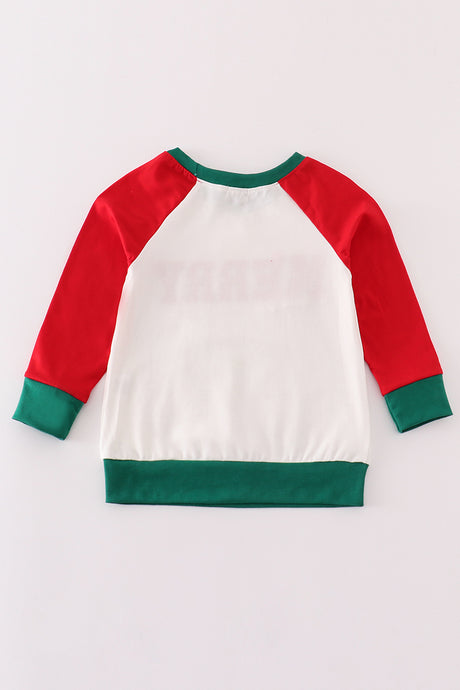 Red merry christmas french knot boy top