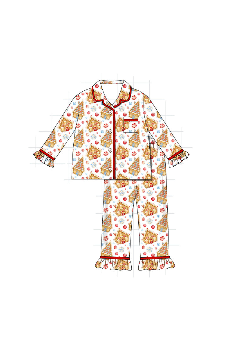 Christmas gingerbread house print girl pajamas set