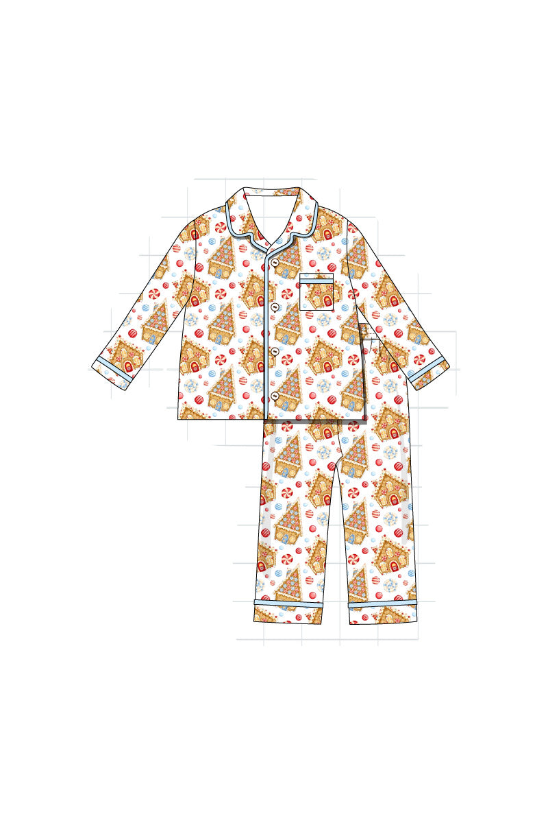 Christmas gingerbread house print boy pajamas set