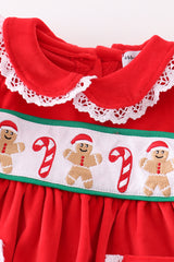 Red velvet christmas gingerbread embroidery girl bloomer set