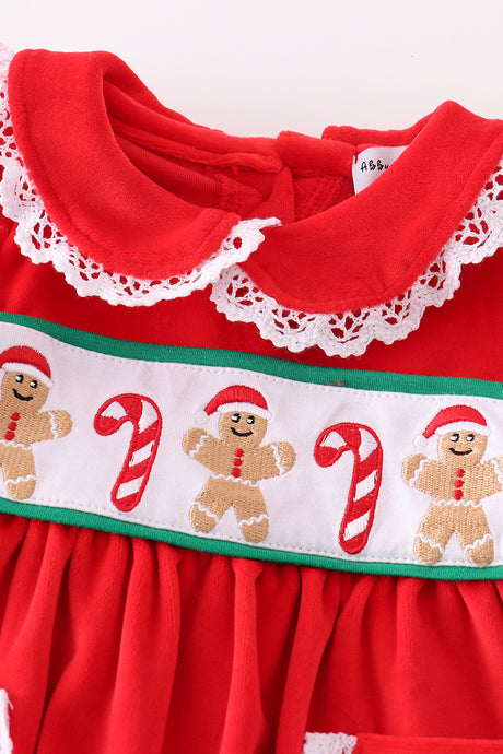 Red velvet christmas gingerbread embroidery girl bloomer set