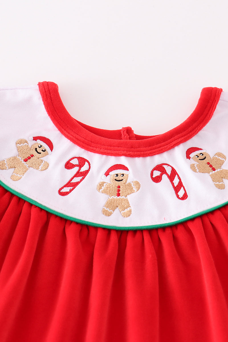 Red velvet christmas gingerbread embroidery girl bishop ruffle set