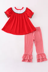 Red velvet christmas gingerbread embroidery girl bishop ruffle set