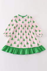 Green christmas tree print ruffle girl gown