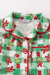 Green grinch print plaid ruffle girl pajamas set