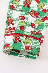 Green grinch print plaid ruffle boy pajamas set