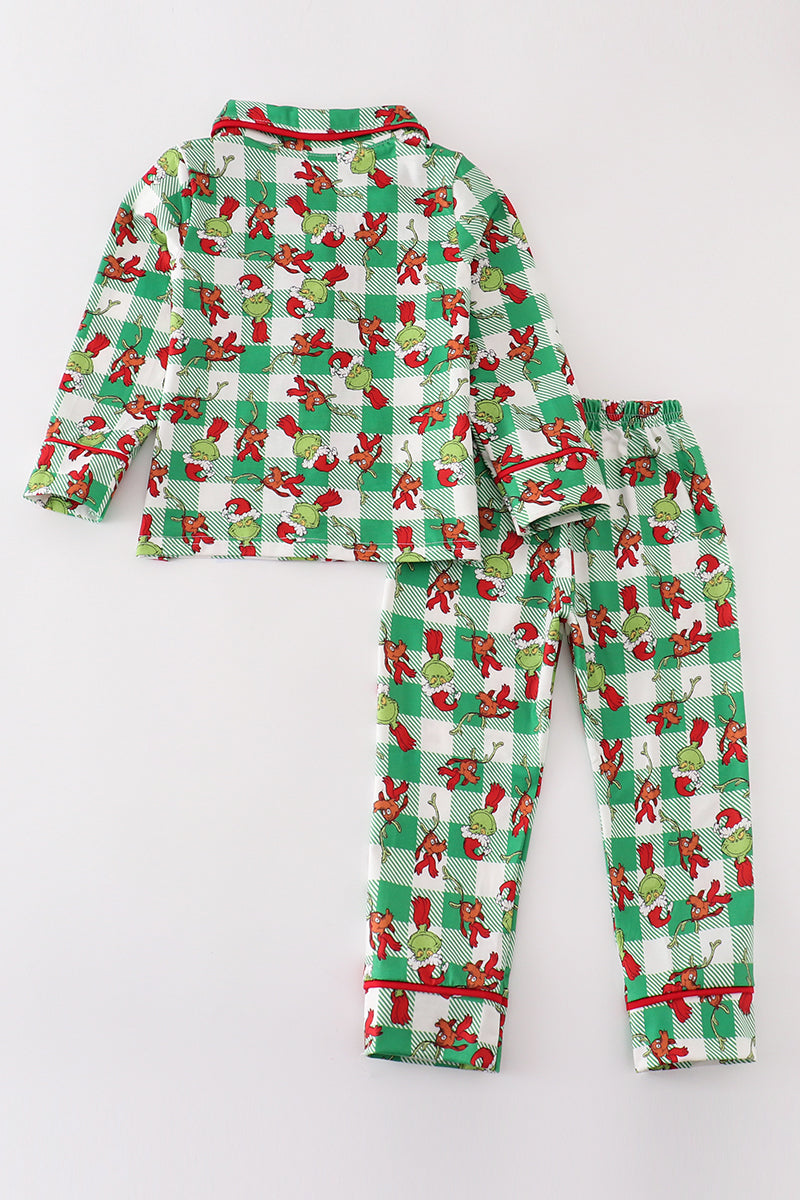 Green grinch print plaid ruffle boy pajamas set