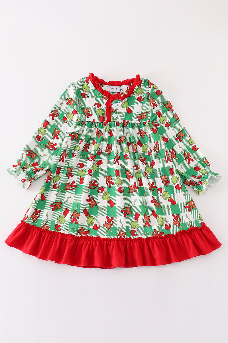 Green grinch print plaid ruffle girl gown