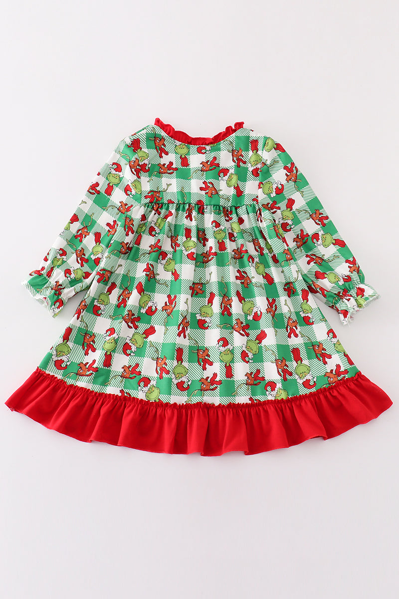 Green grinch print plaid ruffle girl gown