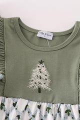 Sage christmas tree embroidery girl dress