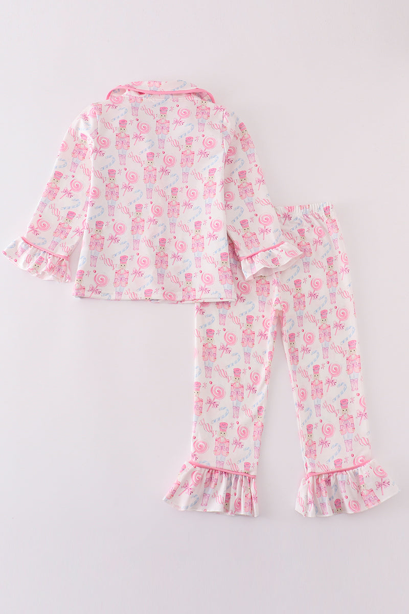 Pink nutcracker print ruffle pajamas set