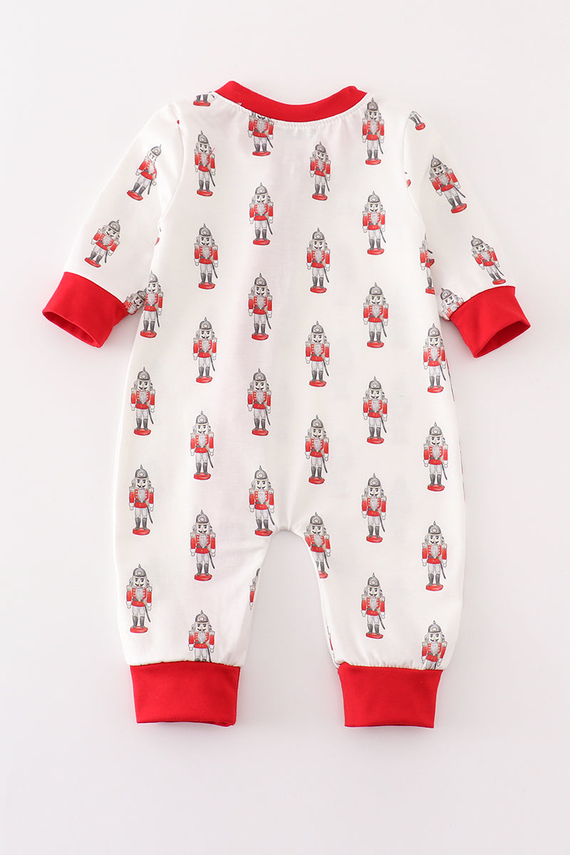 Red nutcracker print ruffle zip boy romper