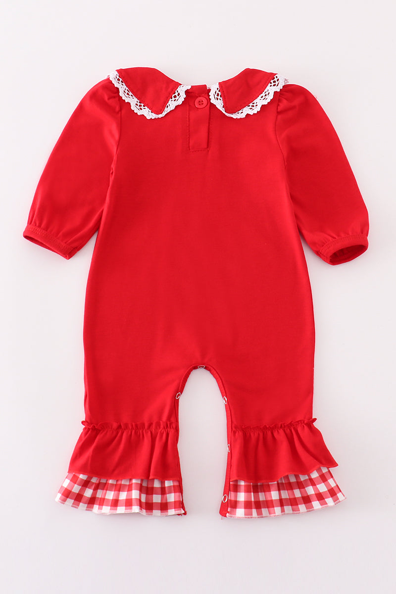 Red christmas gingerbread embroidery girl romper