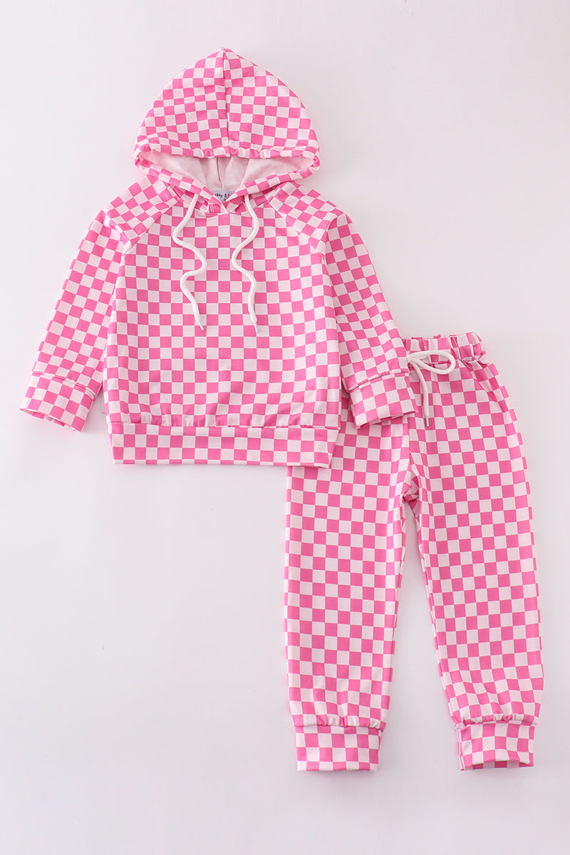 Pink checkered girl hoodie set