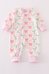 Pink christmas holly bow print girl romper