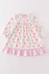 Pink christmas holly bow print girl gown