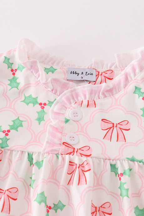 Pink christmas holly bow print girl gown