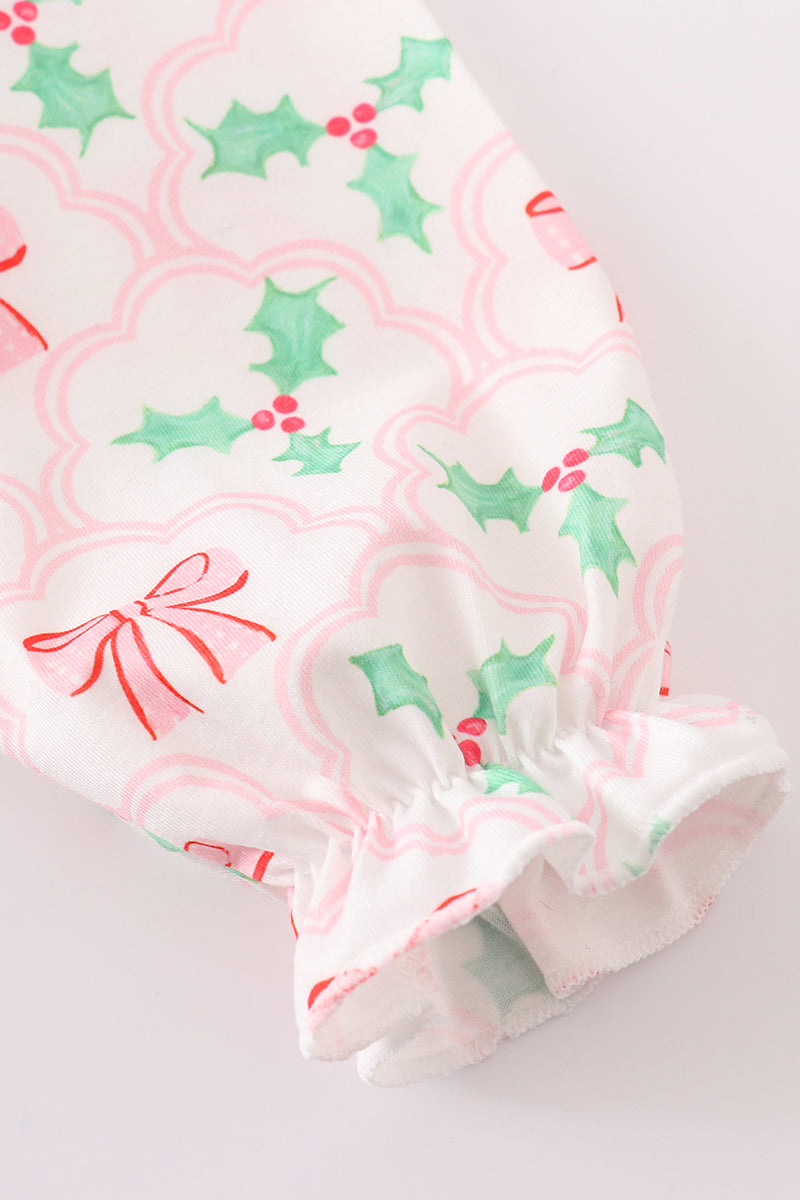 Pink christmas holly bow print girl gown