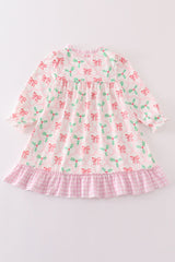 Pink christmas holly bow print girl gown