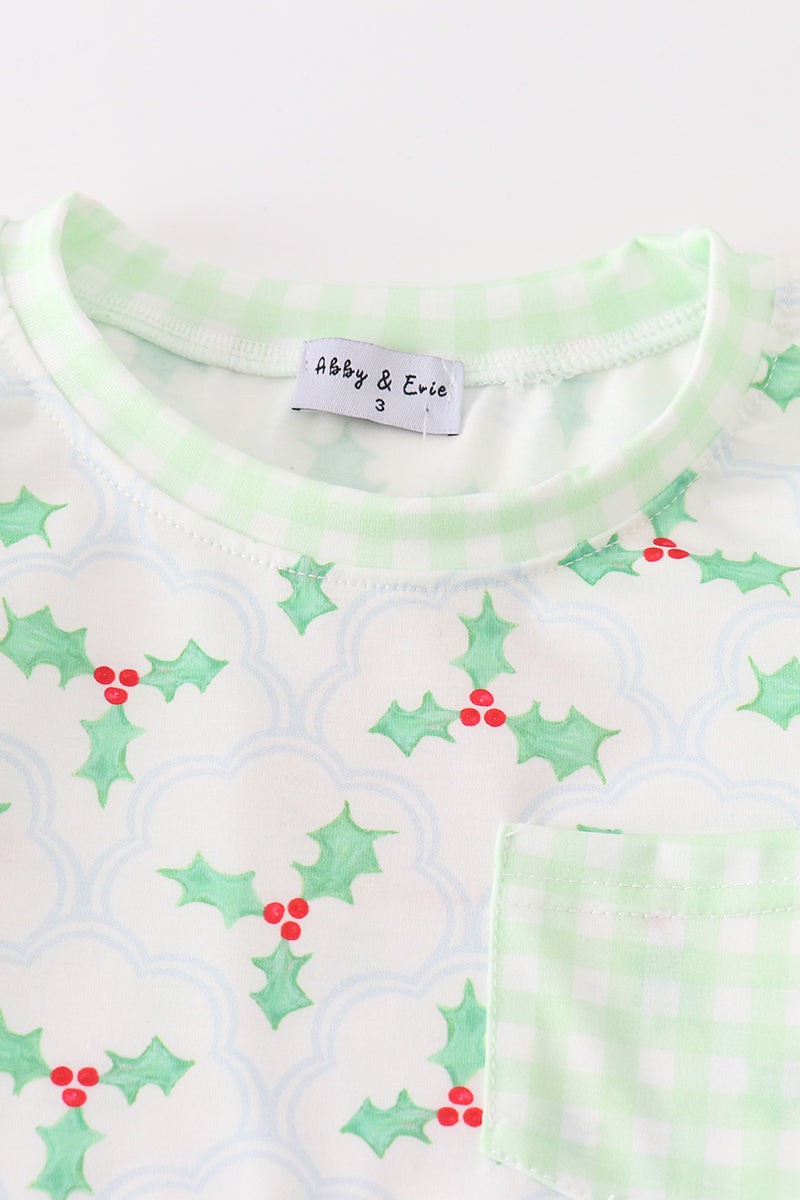 Green christmas holly print boy set