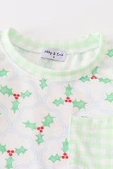 Green christmas holly print boy set