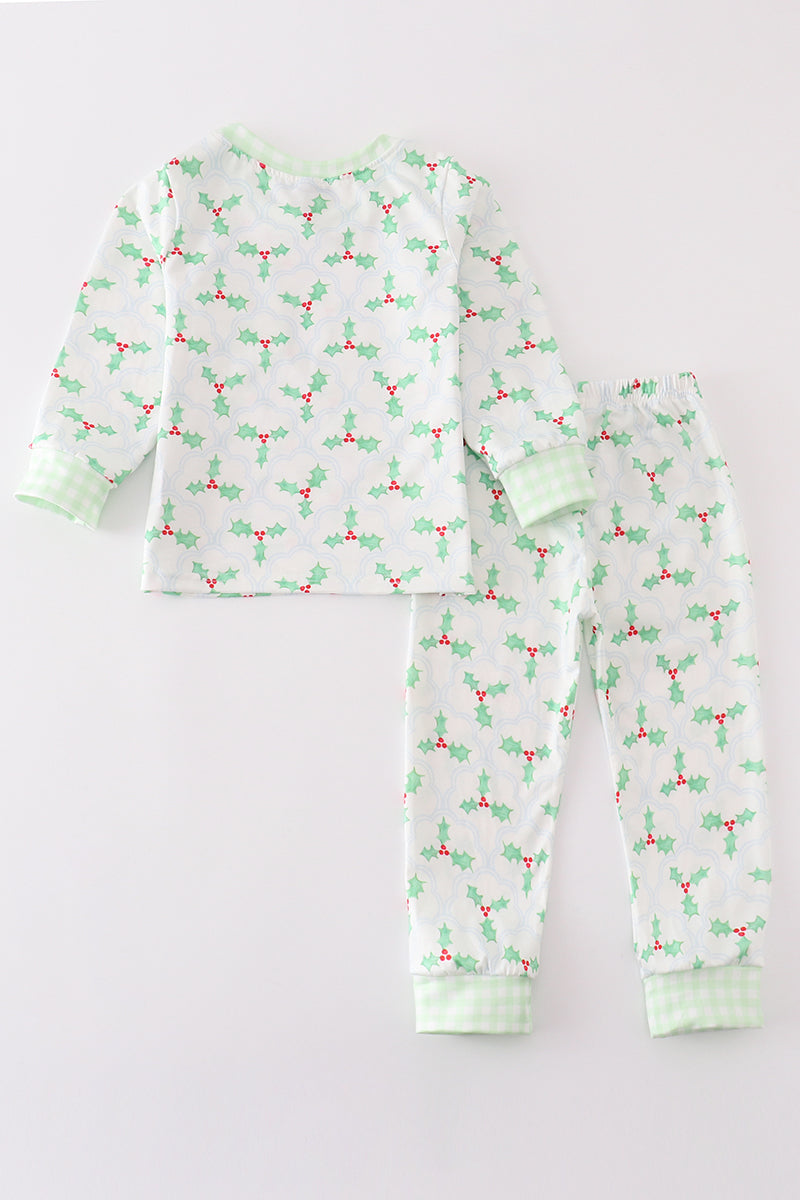 Green christmas holly print boy set