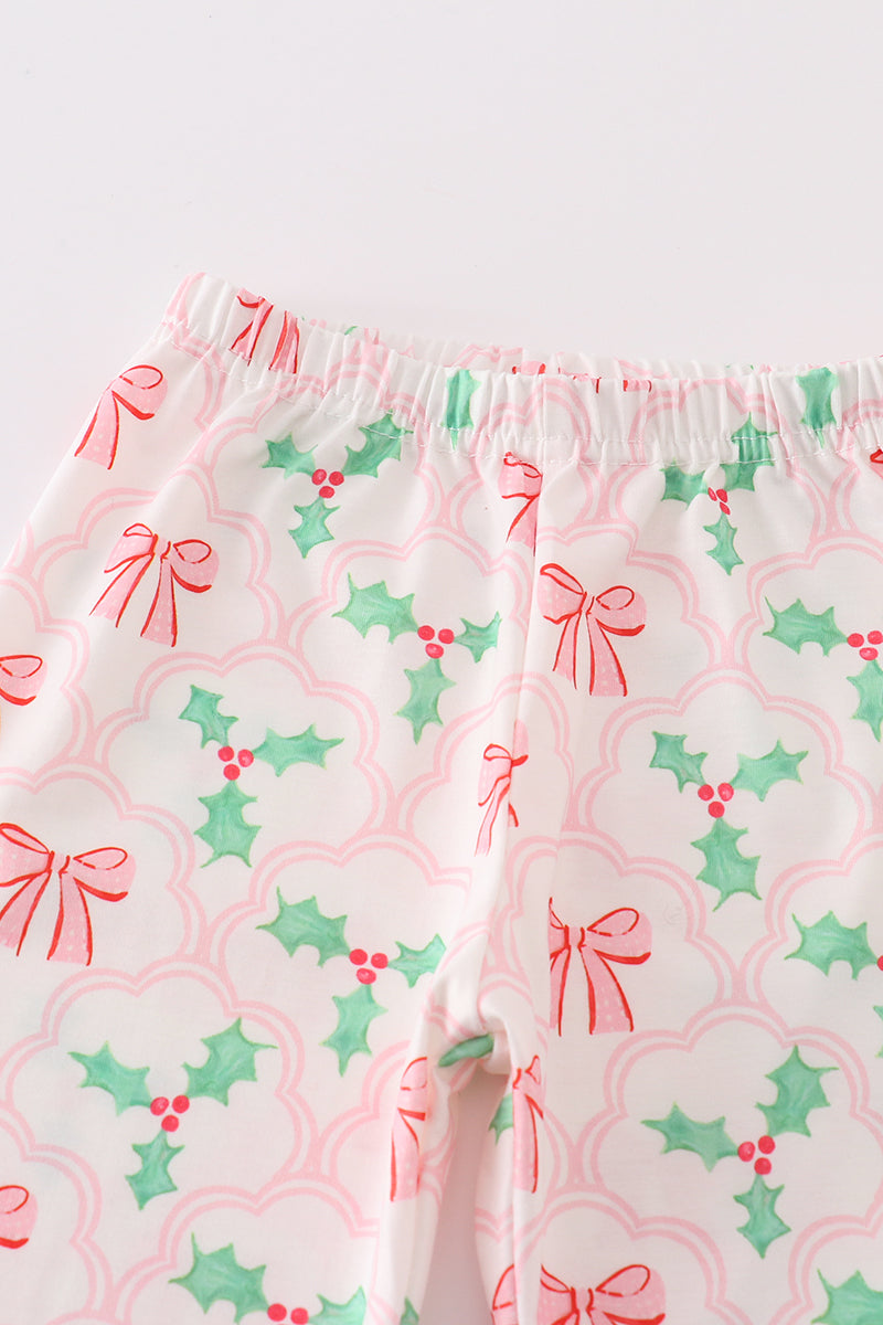 Pink christmas holly bow print girl pajamas set