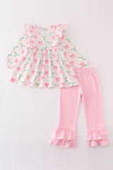 Pink christmas holly bow print girl set