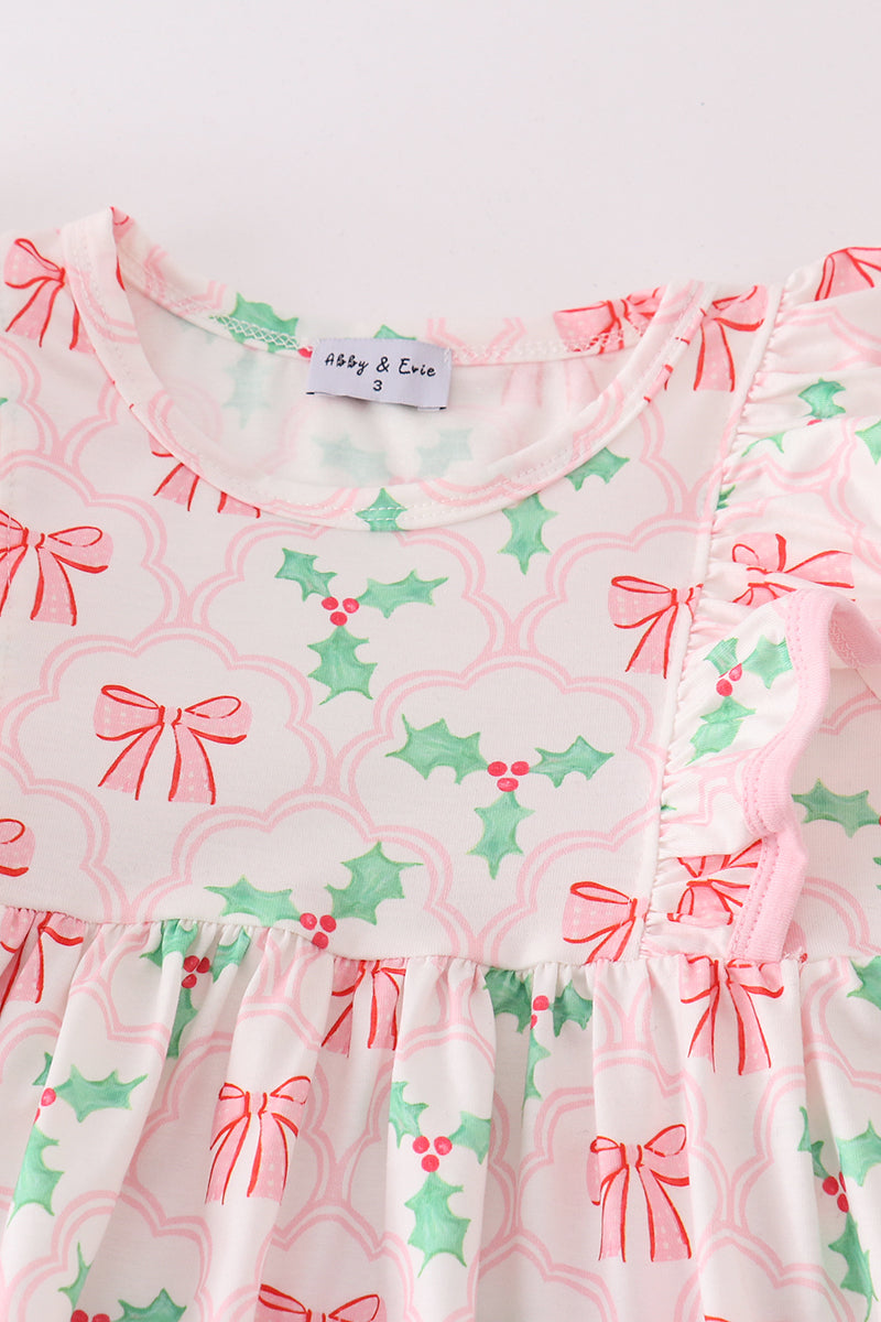 Pink christmas holly bow print girl set