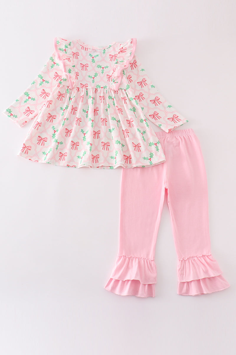 Pink christmas holly bow print girl set