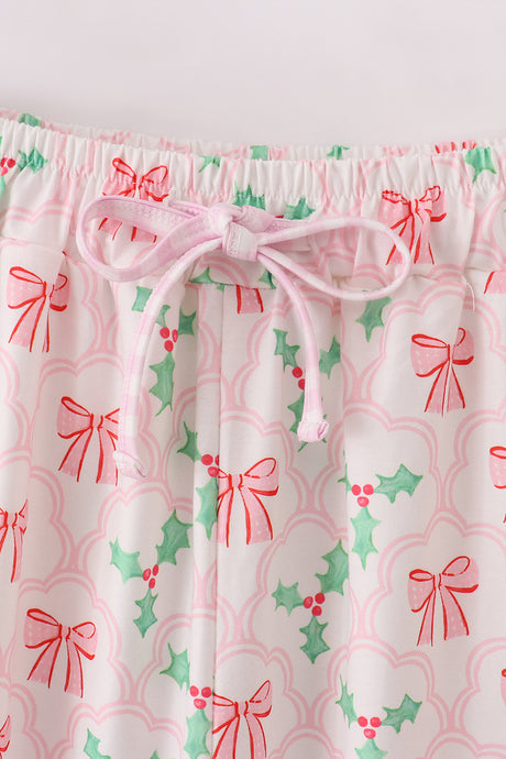 Pink christmas holly print women pajamas pants